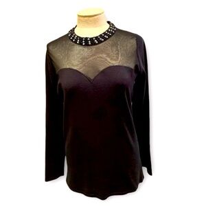 Hayden Park Sheer Sweetheart Bodice High Neck Beads Long Sleeve Black Sweater